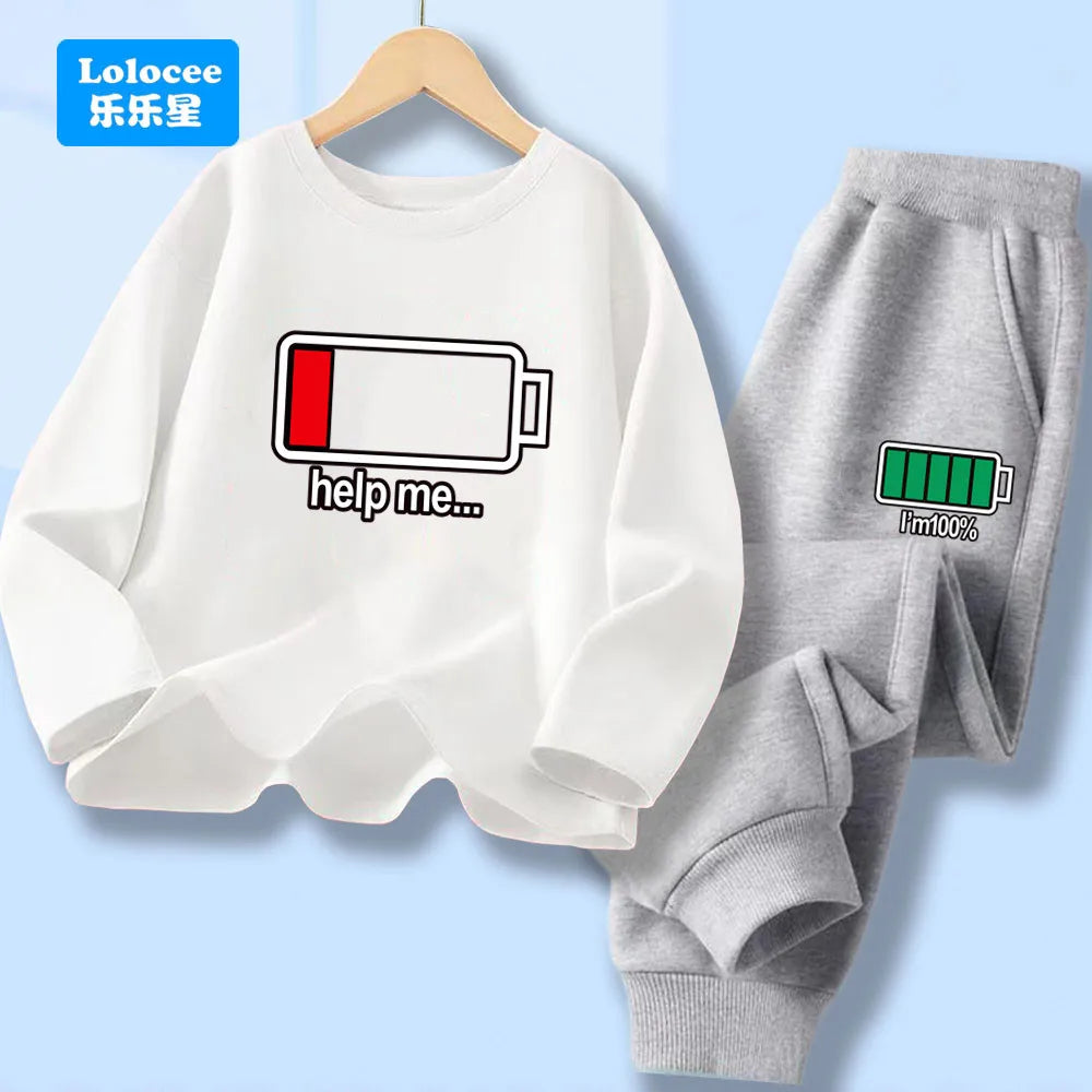 Outono criança menino manga longa 2 pçs conjunto de roupas crianças engraçado bateria carta impressa camiseta pulôver topo e calças fatos de treino dcw1