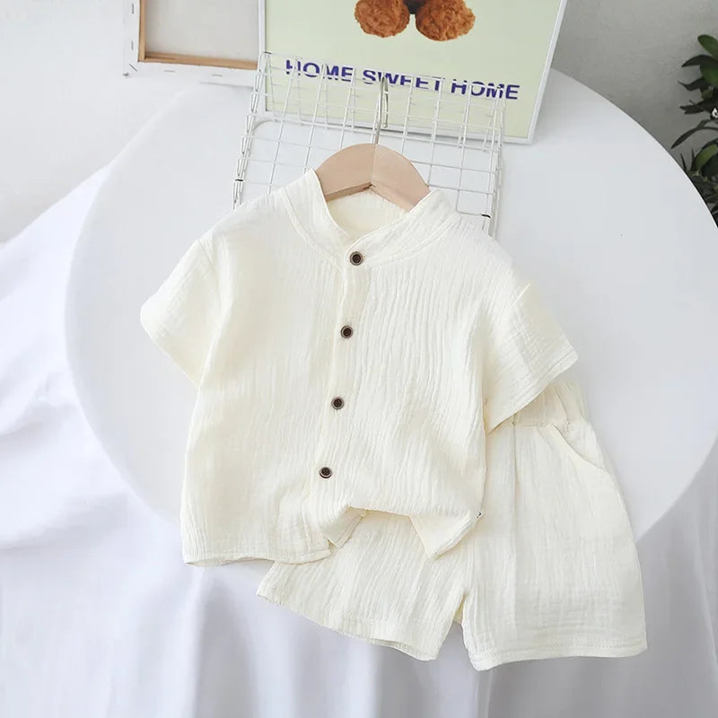 Conjunto de pijamas de gaze de algodão para bebês, 2 peças, manga curta, gola redonda, roupa de dormir macia e respirável, meninos, meninas, 0-5 anos, roupas de praia