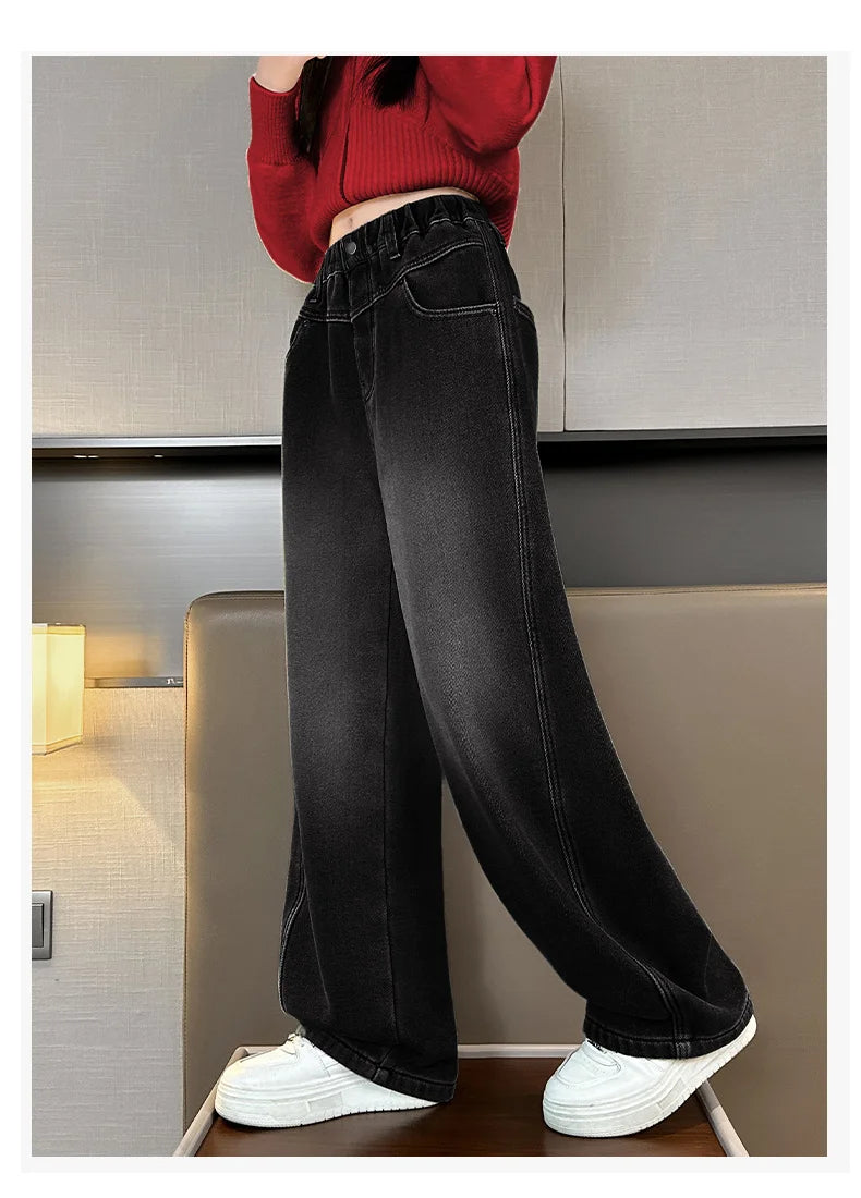Crianças casuais solto em linha reta ajuste jeans para meninas perna larga legal calças jeans crianças adolescente primavera cintura elástica calças jeans