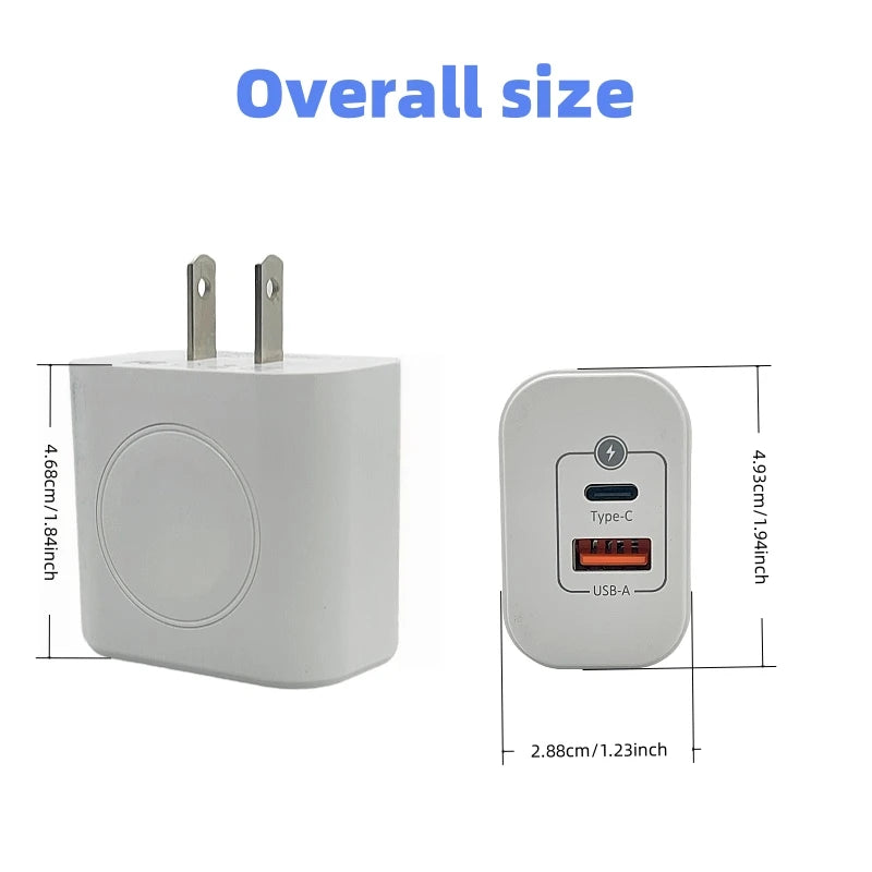 Carregador 3 em 1 de 23 W, capaz de carregar três dispositivos simultaneamente, com carregamento sem fio integrado para relógios, adequado para