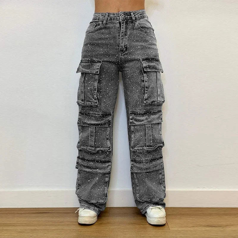Cpsymym jeans de trabalho feminino com broca brilhante chique vários bolsos botão de cintura alta feminino jean primavera verão y2k senhora streetwear