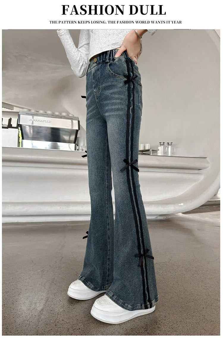 Crianças inverno fino ajuste bootcut flanela forrado jeans para meninas elegante isolado queimado calças jeans crianças calças térmicas quentes