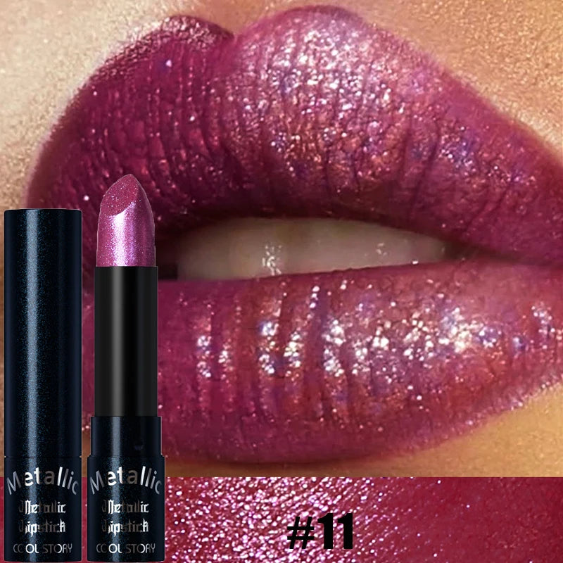 Diamante rosa batom metálico glitter batom à prova dwaterproof água brilhante perolado azul escuro vermelho fosco brilho labial halloween lábios maquiagem
