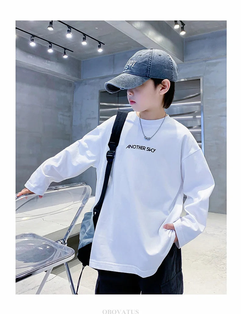 Nova primavera crianças manga longa camiseta de algodão para meninos solto estilo breve tshirt adolescentes crianças escola camisetas roupas de moda do bebê