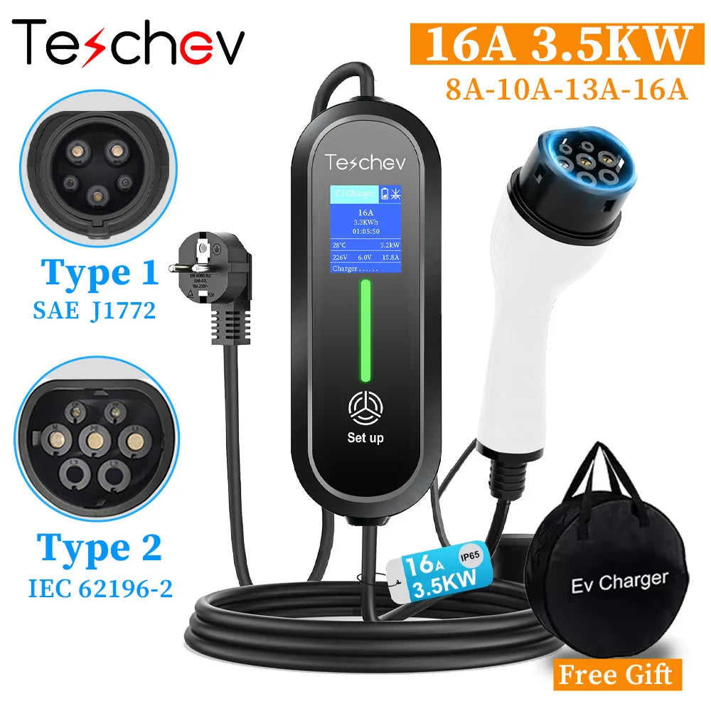 220v portátil ev carregador type2 iec 62196 carregador de carro elétrico 3.5kw 16a 1 fase evse carregamento rápido wallbox ev estação de carregamento