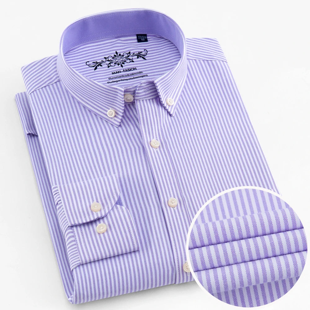 Camisa casual de trabalho listrada xadrez oxford de manga comprida masculina com bolso, camisas de botão de ajuste regular de mistura de algodão primavera outono