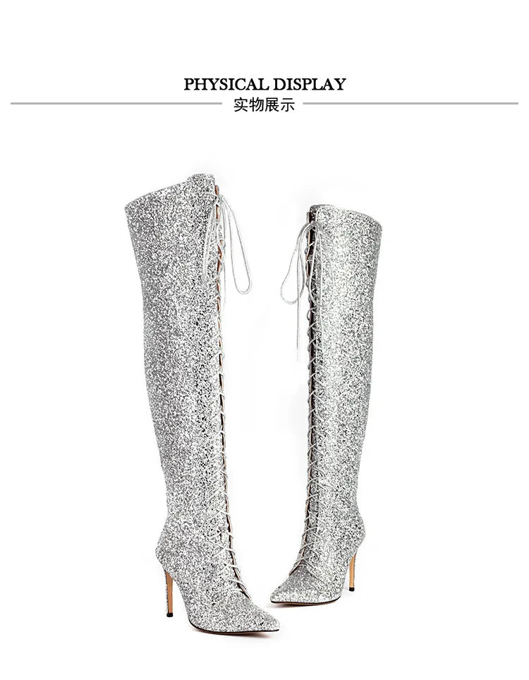 Botas femininas de lantejoulas acima do joelho, salto alto fino, botas longas pontiagudas, sapatos de festa para senhora, moda boate, 10cm, outono e inverno
