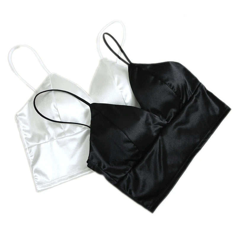 Sexy tops de cetim para mulheres, bralette sem fio, top de crochê, alça de espaguete feminina, camiseta cortada com peito, camisola acolchoada