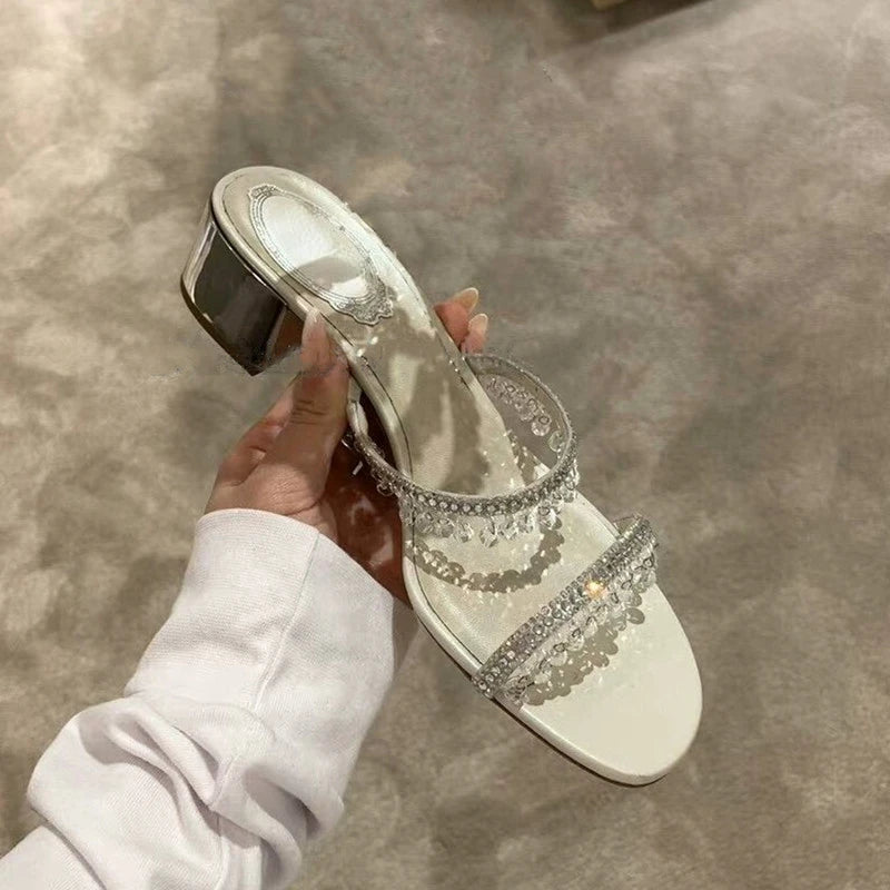 Sandálias de strass para mulheres, salto de bloco, cristal, Open Toe, salto médio, novo, verão, 2024