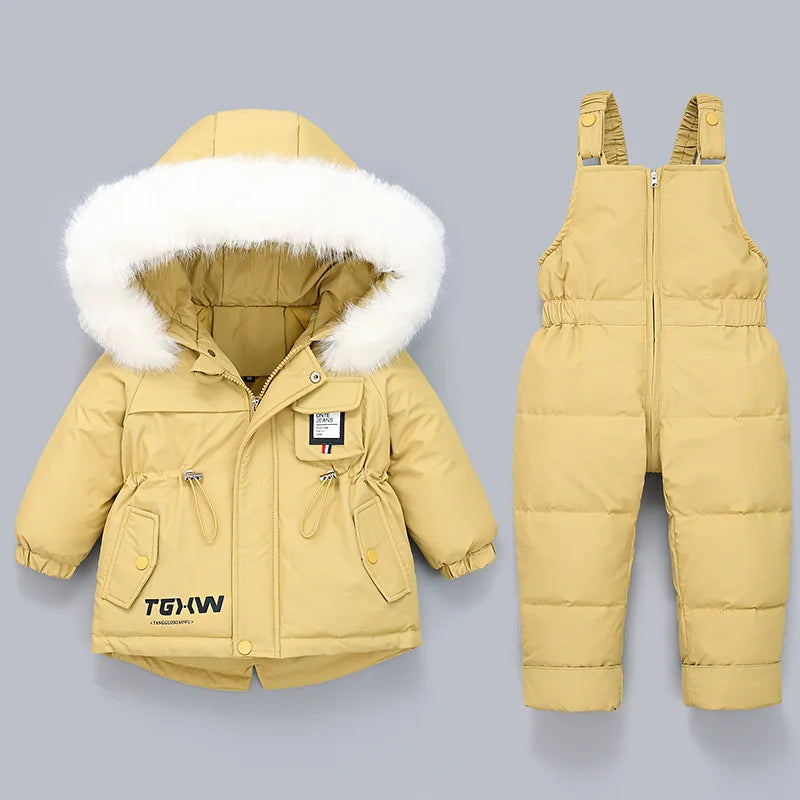 Crianças para baixo casaco jaqueta + macacão crianças da criança menina menino roupas para baixo 2 pçs roupa de inverno terno quente do bebê macacão conjuntos