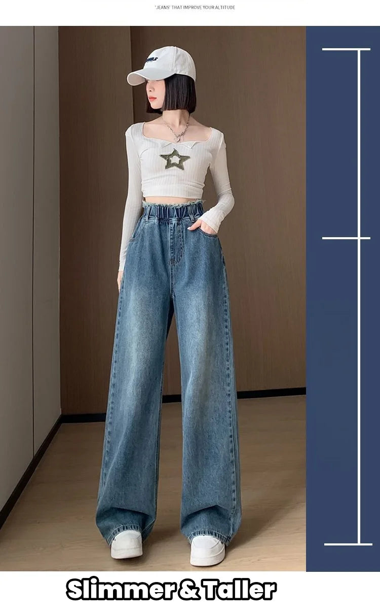 Calças jeans de tamanho grande femininas trilha reta perna larga solta cintura alta fina renda borla calças superiores