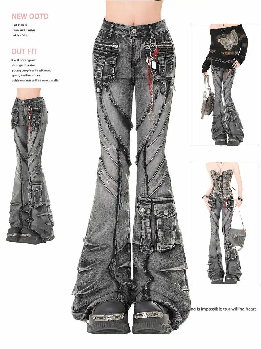 2025 outono inverno calças jeans femininas escuro academia carga jean queimado sino inferior designer kpop japonês y2k 2000s goblin core