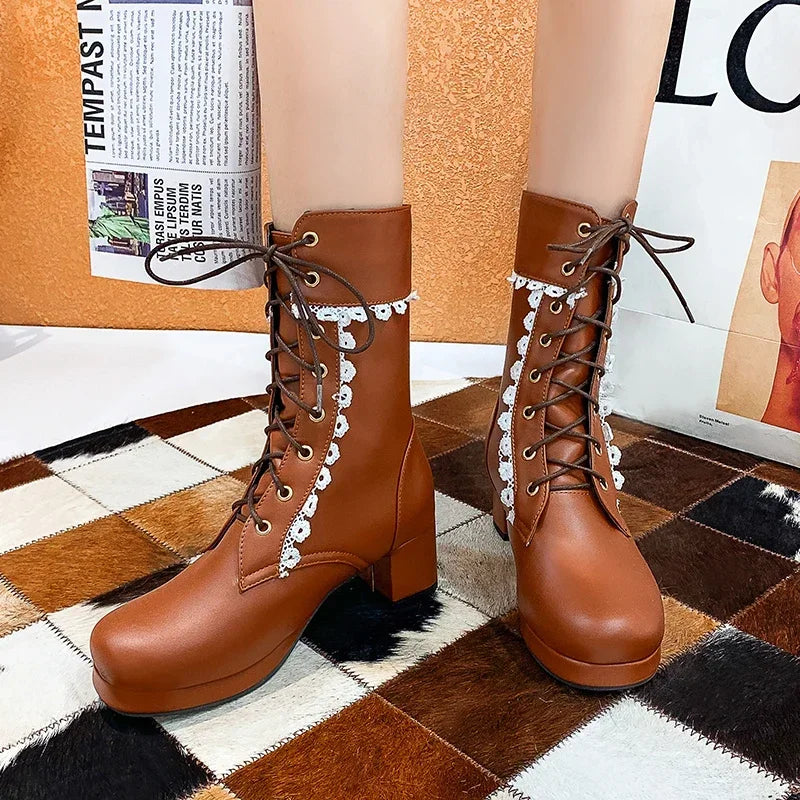 Moda feminina lolita meados de bezerro botas outono inverno elegante senhora cosplay sapatos de festa plataformas couro plus size botas dropship
