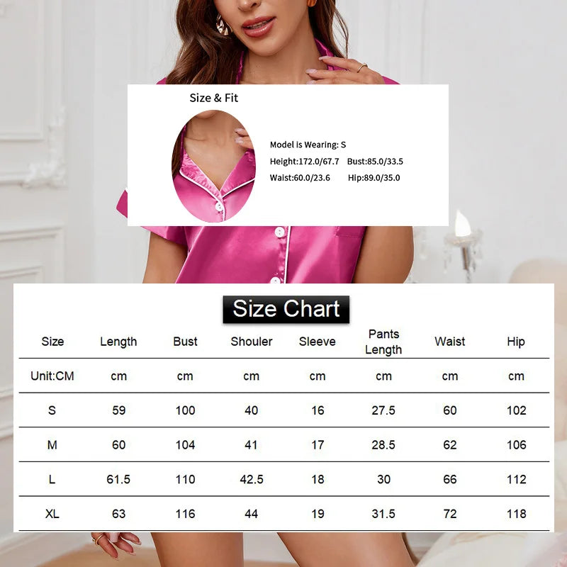 Conjunto pijama cetim feminino, pijama de manga curta, blusa e shorts de lapela, pijama de botão, roupas domésticas