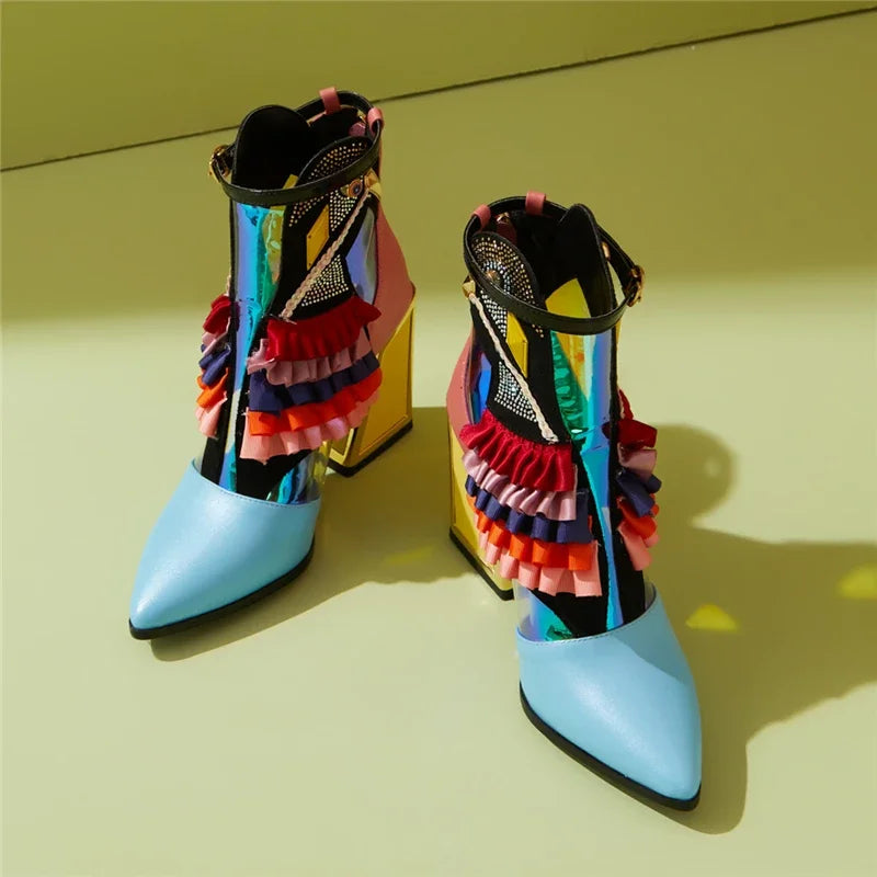 Botas femininas de cor misturada novetly dedo do pé apontado plataforma de fundo grosso botas de tornozelo feminino blingbling sapatos mujer moderna bota todos os jogos