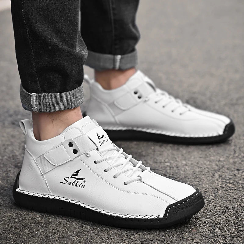 Novo design 2025 tênis de couro masculino homem respirável sapatos de couro artesanal sapatos casuais masculinos botas de tornozelo ao ar livre