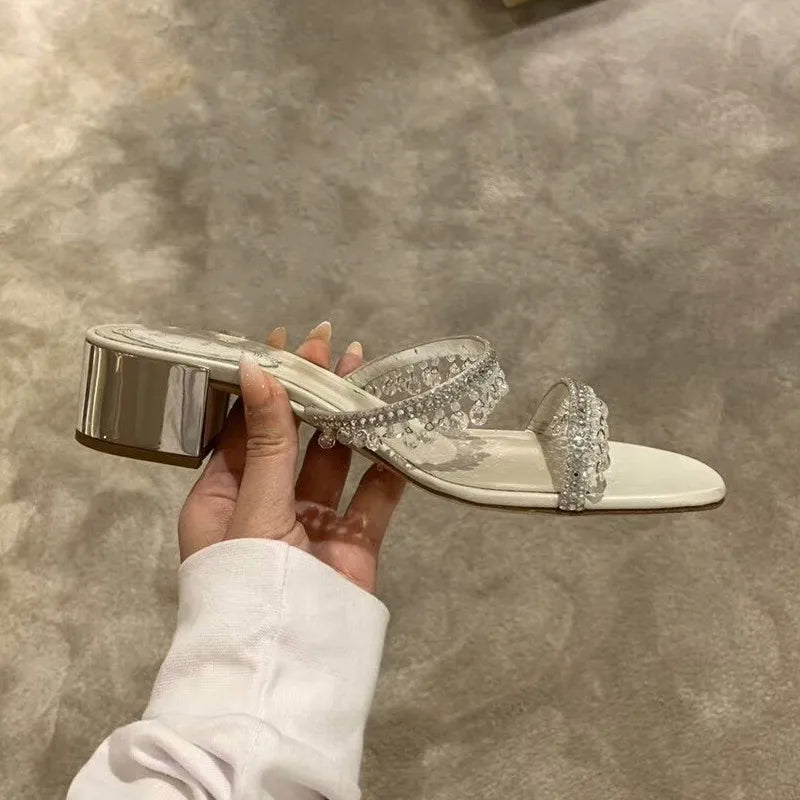 Sandálias de strass para mulheres, salto de bloco, cristal, Open Toe, salto médio, novo, verão, 2024