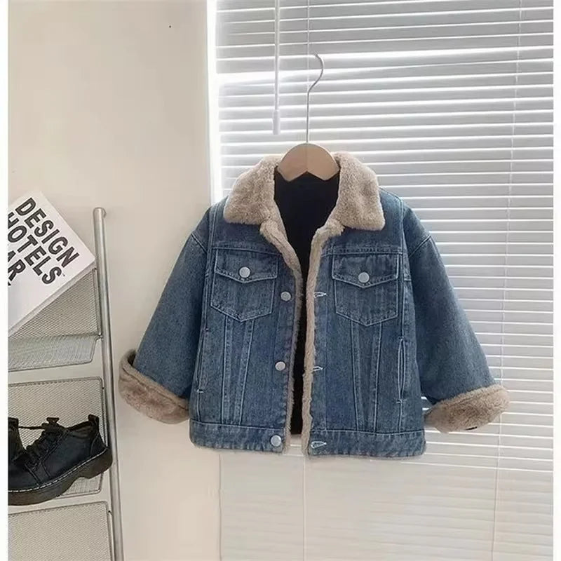 Meninas mais veludo denim jaquetas inverno grosso casacos quentes crianças acolchoado parka solto lapela outerwear novo frio snowsuits
