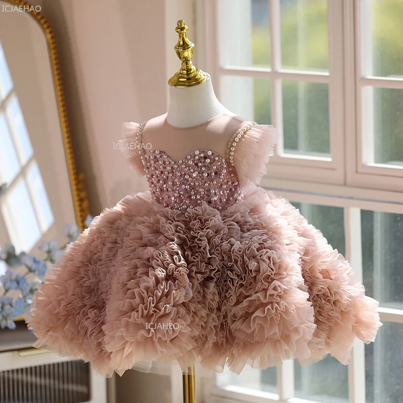 Meninas aniversário princesa inchado vestido crianças desempenho de noite formal festa trajes vestido de baile para crianças piano eid
