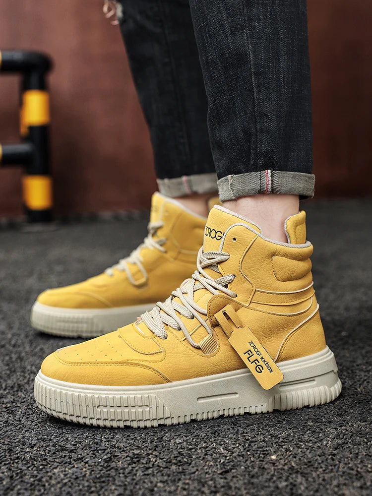 Sapatos masculinos de cano alto de inverno, sapatos esportivos casuais de couro, roupas de trabalho retrô, sapatos esportivos casuais versáteis e modernos