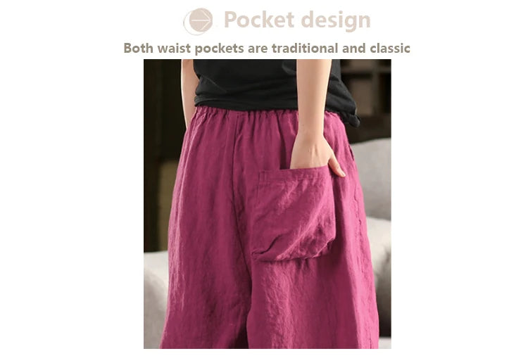 Calças compridas femininas de linho puro natural, estilo solto e retrô, calças largas, roupas de tamanho grande, casuais ao ar livre, confortáveis e legais