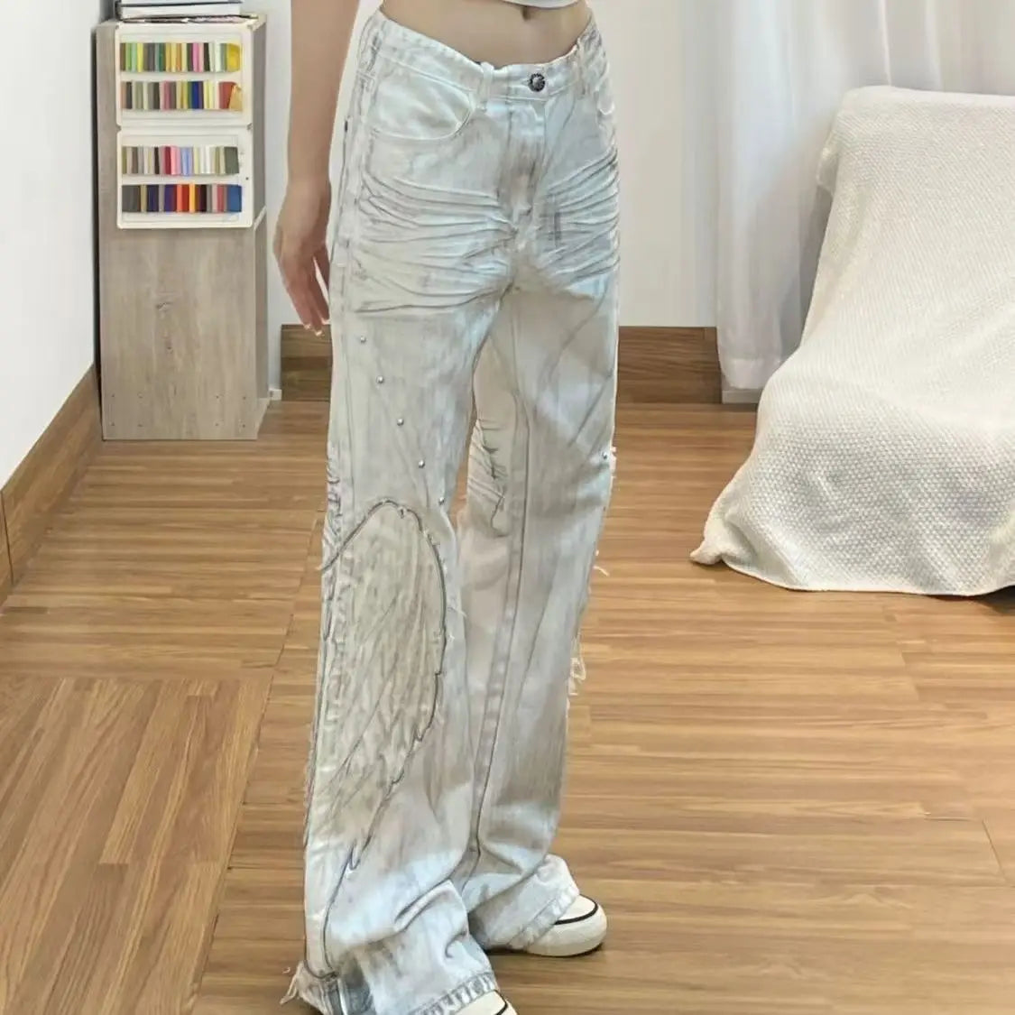 Calças Femininas Americanas Retrô Hot Girl Tie-Dye de Cintura Alta Boca de Sino Slim Rasgadas Novas de Outono e Inverno Lavadas Casuais