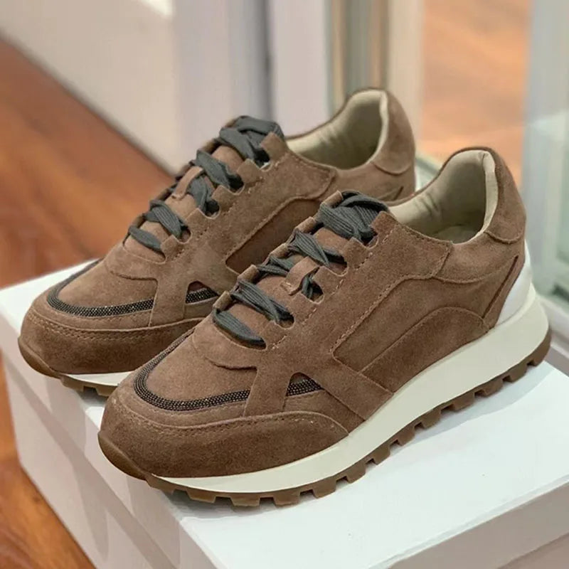 Sapatos casuais mulher dedo do pé redondo corrente corda grânulo conforto tênis de corrida senhoras camurça vaca retalhos rendas até tênis planos