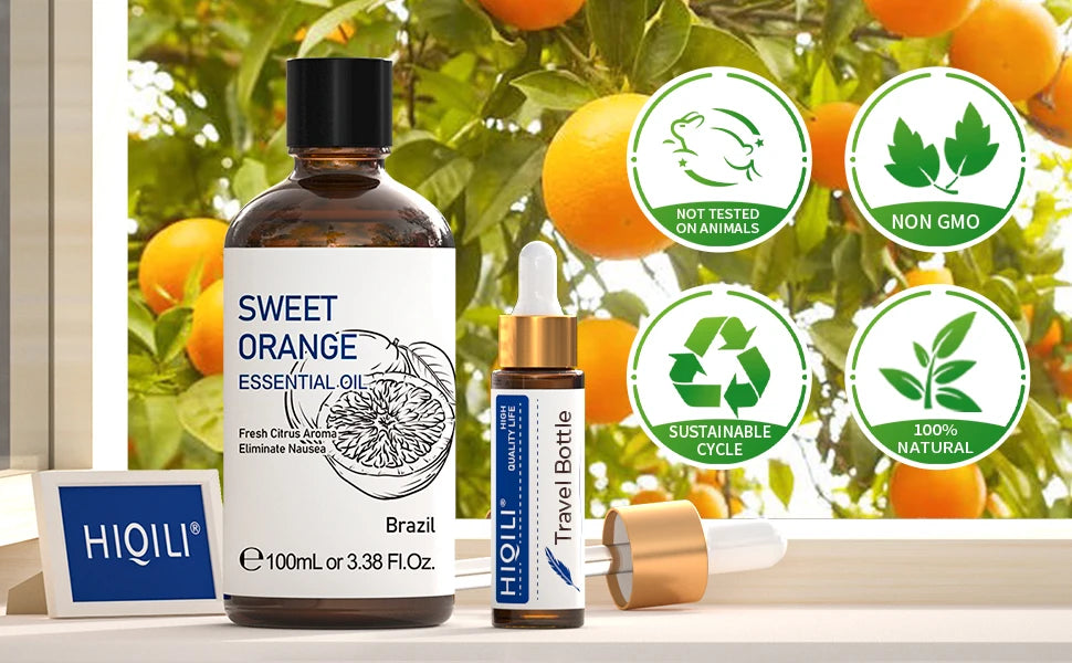 Óleos Essenciais de Laranja Doce HIQILI, Natureza 100% Pura, Aromaterapia, Difusor, Umidificador, Massagem, Ar Fresco, Vela, 100ml