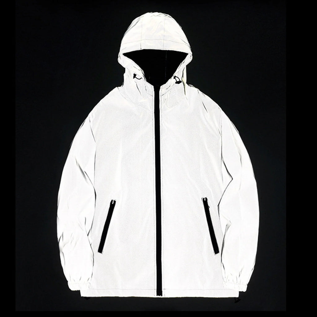 Jaqueta reflexiva completa masculina casual feminino blusão hip hop casaco com capuz à prova dwaterproof água impresso streetwear noite jaquetas brilhantes 5xl