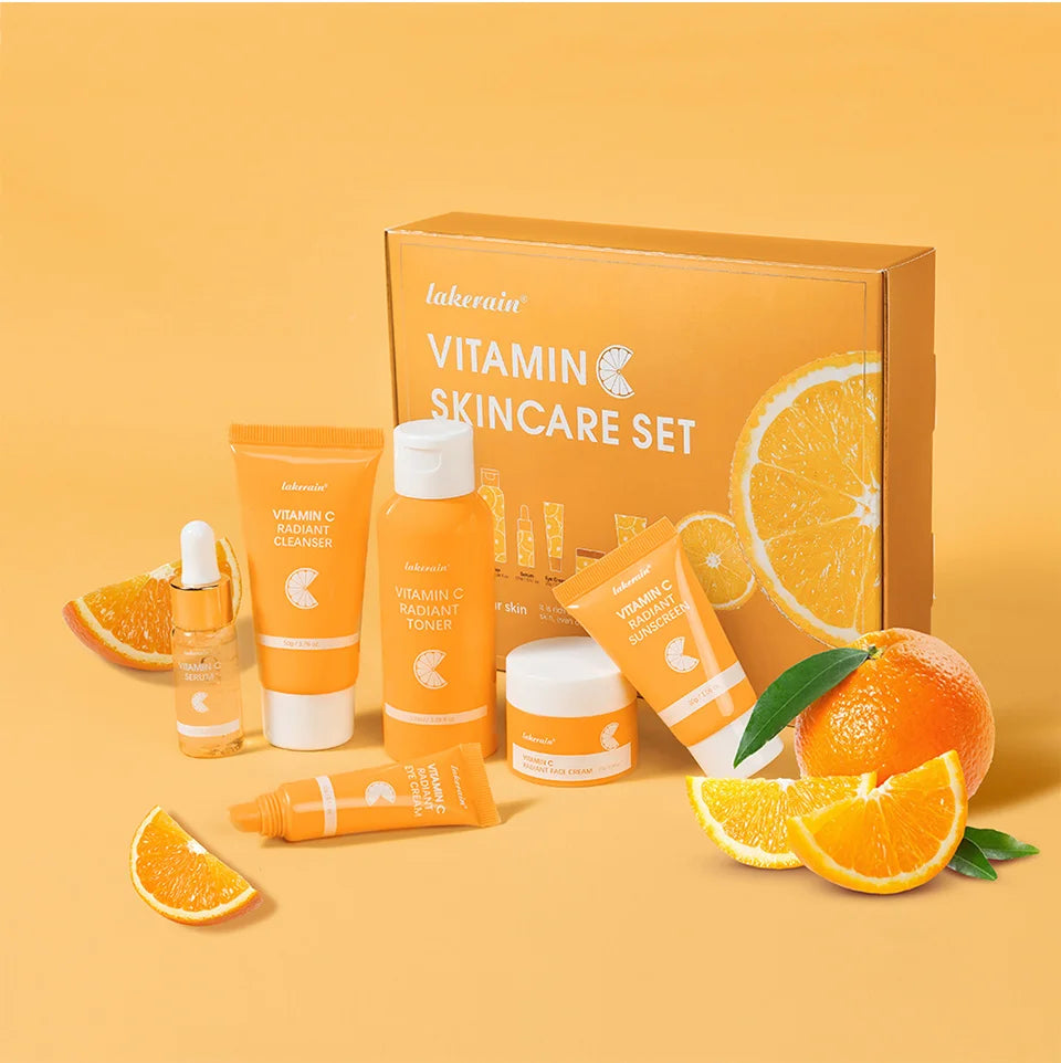 Lakerain vitamina c conjunto de cuidados com a pele 6 pçs kit creme de clareamento manchas escuras soro círculo escuro olho hidratante facial kits de clareamento