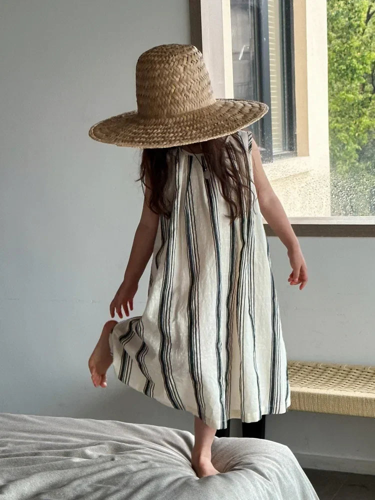 Crianças roupas meninas vestido sem mangas nova moda verão 2025 estilo coreano listra vertical francês retro vestido de férias