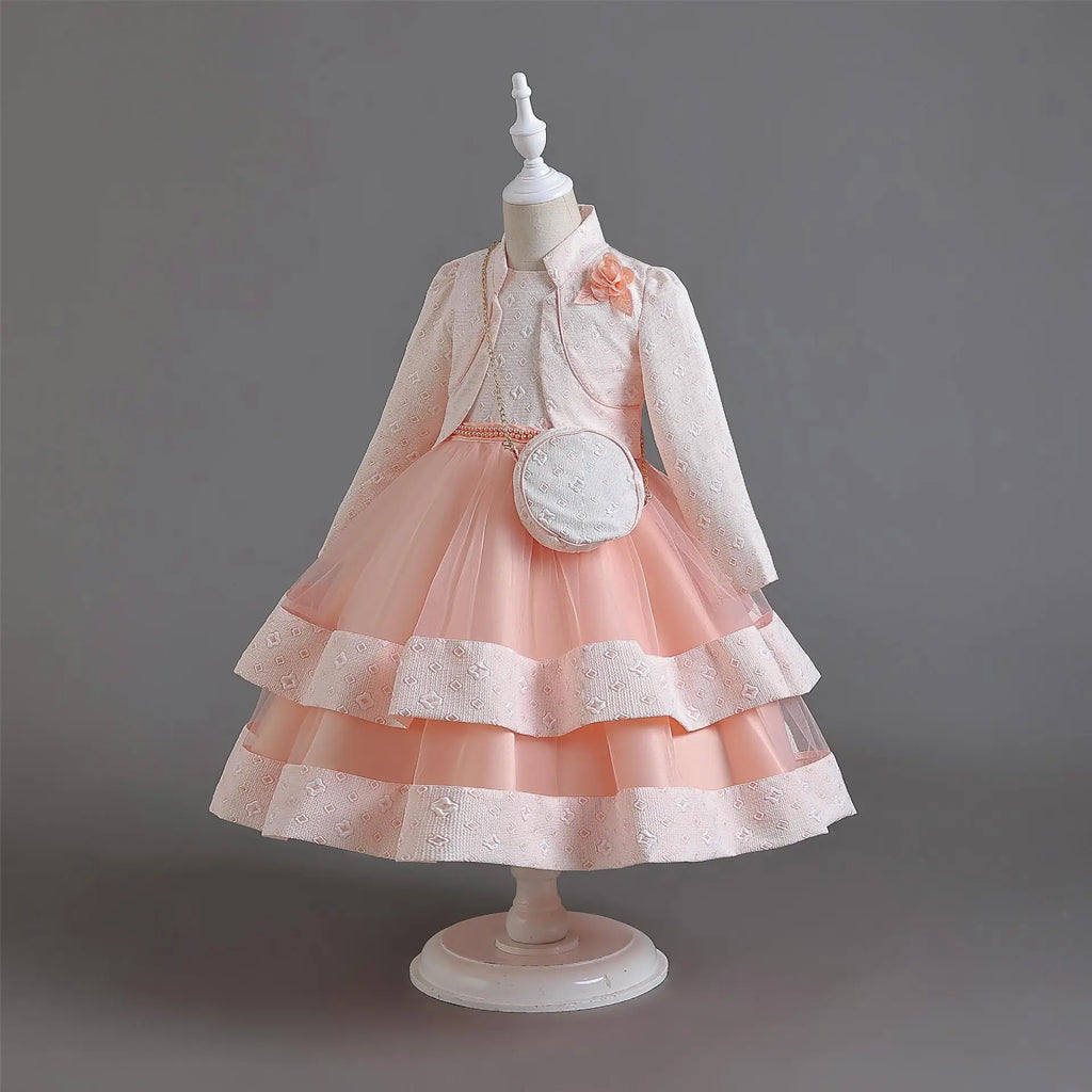 Novo outono/inverno vestido de festa de manga longa elegante menina bordado vestido de desempenho de natal saco de presente para crianças de 3 a 11 anos