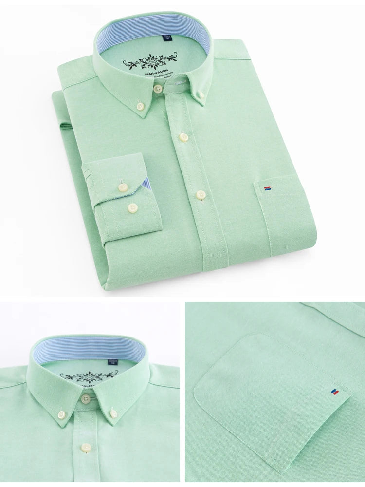 Camisa casual de trabalho listrada xadrez oxford de manga comprida masculina com bolso, camisas de botão de ajuste regular de mistura de algodão primavera outono
