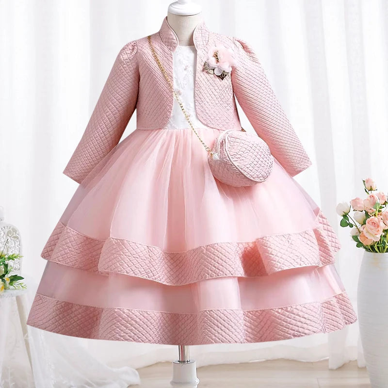 Novo outono/inverno vestido de festa de manga longa elegante menina bordado vestido de desempenho de natal saco de presente para crianças de 3 a 11 anos