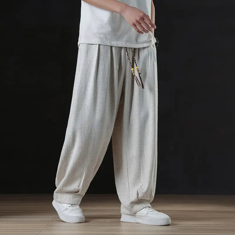 Calça masculina casual de linho verão leve solta de perna reta