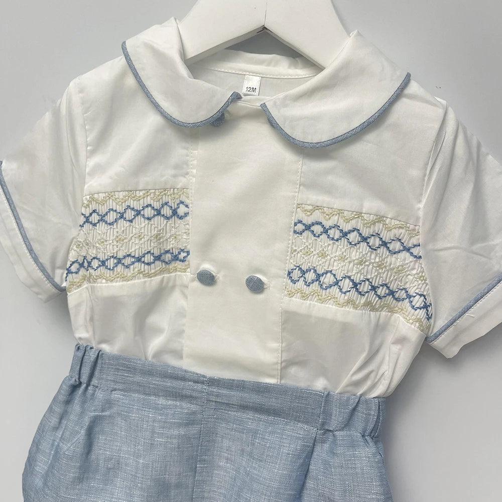 Roupa de boutique infantil, artesanal para menino, conjunto bordado, algodão azul, manga curta, roupa de irmãos, batizado, aniversário