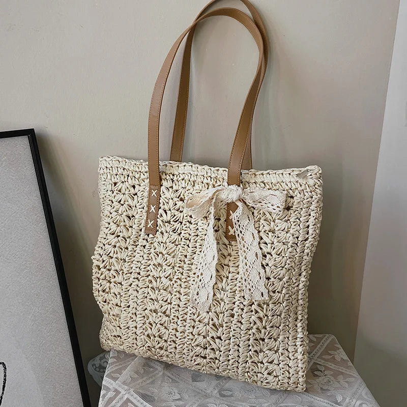 Bolsa de praia de palha oca quadrada artesanal tecido bolsa de ombro ráfia rattan compras saco de viagem boêmio férias de verão casual tote