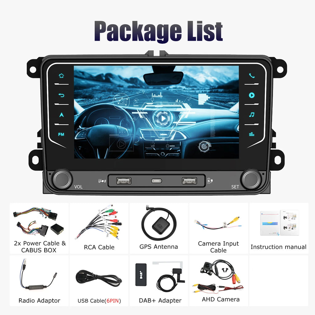 Rádio Automotivo 2 Din Android 15, Reprodutor Multimídia com GPS, WiFi e Carplay para Volkswagen, Skoda, Octavia, Golf 5, 6, Touran, Passat, Polo, Jetta