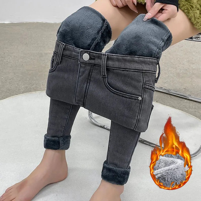 Inverno senhora térmica quente jeans de pelúcia magro estiramento jeans senhora fino ajuste lápis calças meninas perna reta denim