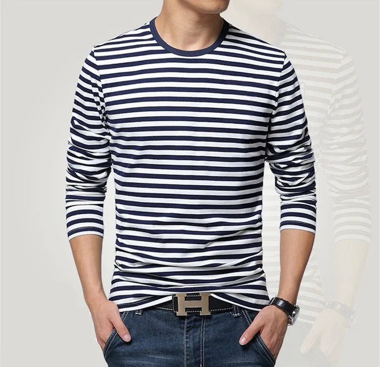 Estilo marinho camisa de manga longa masculina camiseta o pescoço listra t camisa masculina camisa marinha vintage básico 95% algodão camisa