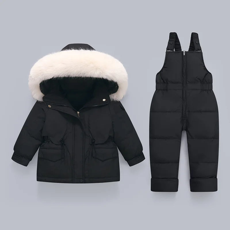 Crianças para baixo casaco jaqueta + macacão crianças da criança menina menino roupas para baixo 2 pçs roupa de inverno terno quente do bebê macacão conjuntos