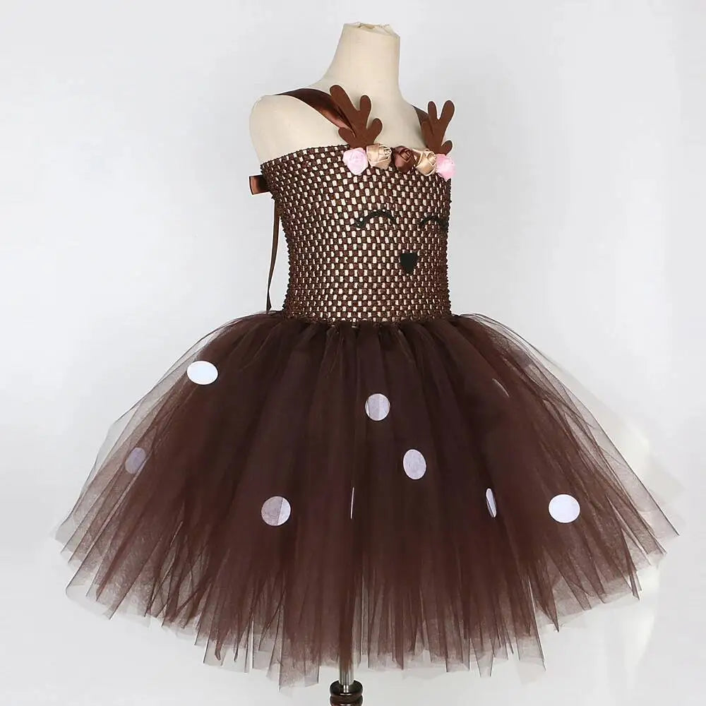 Bebê meninas trajes de veados de natal para crianças flor rena vestidos de princesa crianças natal ano novo ballet tutus outfit com arco