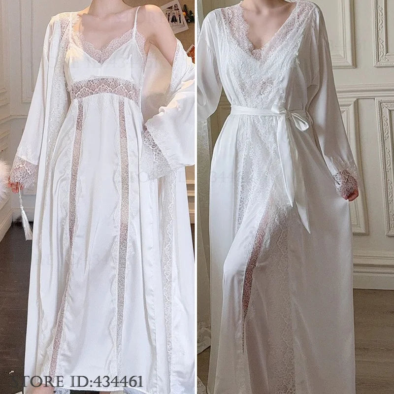 Feminino longo twinset robe conjunto sexy renda guarnição roupão de casamento quimono vestido sleepwear elegante seda gelo camisola loungewear homewear