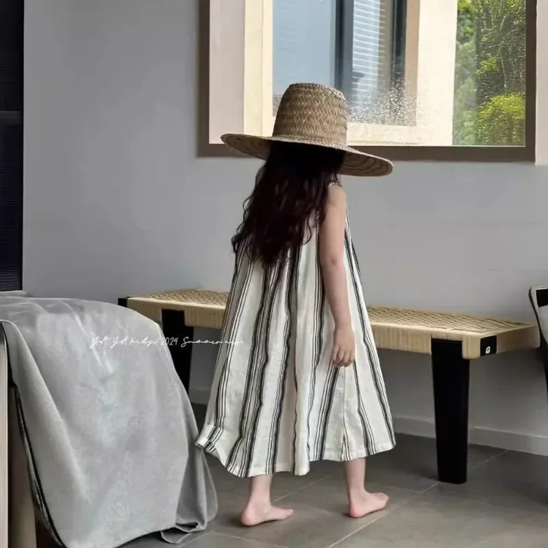 Crianças roupas meninas vestido sem mangas nova moda verão 2025 estilo coreano listra vertical francês retro vestido de férias