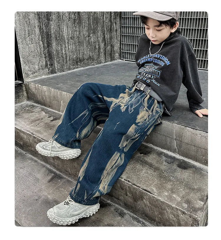 Crianças graffiti jeans meninos primavera e outono 2025 novas crianças adolescentes bonito meninos perna reta solta calças de perna larga