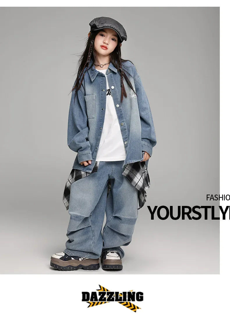 Crianças menino menina solta casual streetwear moda hip hop crianças denim camisa calça jeans define ternos agasalho roupas de palco traje