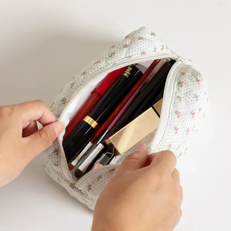 Sacos de maquiagem florais acolchoados com zíper bonito impressão flor organizador de armazenamento acessório de maquiagem saco de higiene pessoal grande saco de cosméticos feminino