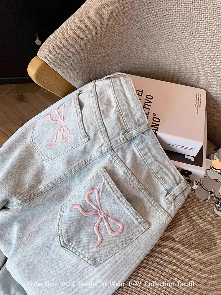 Mulheres casual solto ajuste jeans calças relaxadas cintura alta perna larga lavagem leve bordado plus size conforto jeans feminino