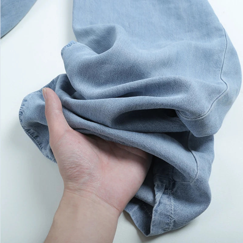 Jeans de cintura alta de seda gelo feminino, verão, azul, solto, perna larga, elegante, simples, lazer, todos os fósforos, diário, na moda, chique, moda coreana