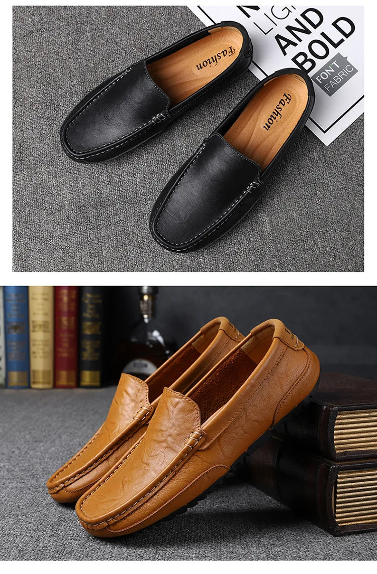 Sapatos de couro masculino luxo na moda casual deslizamento em mocassins formais mocassins italiano preto masculino sapatos de condução tênis plus size